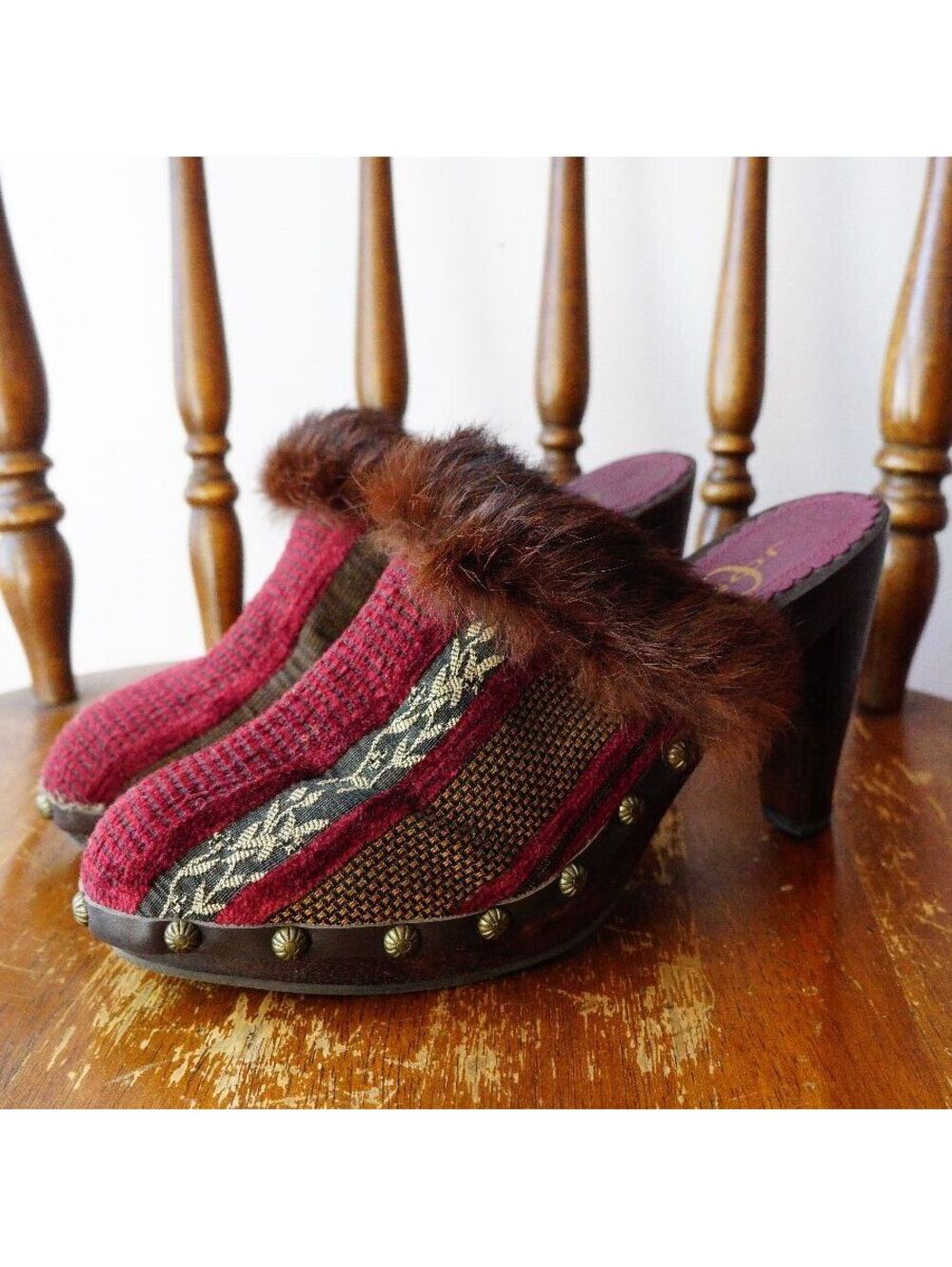 Joey Vintage Red and Brown Fur Trimmed High Heel Clogs 7.5
